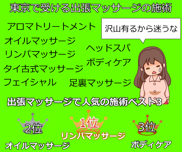 東京出張マッサージの施術メニュー一覧